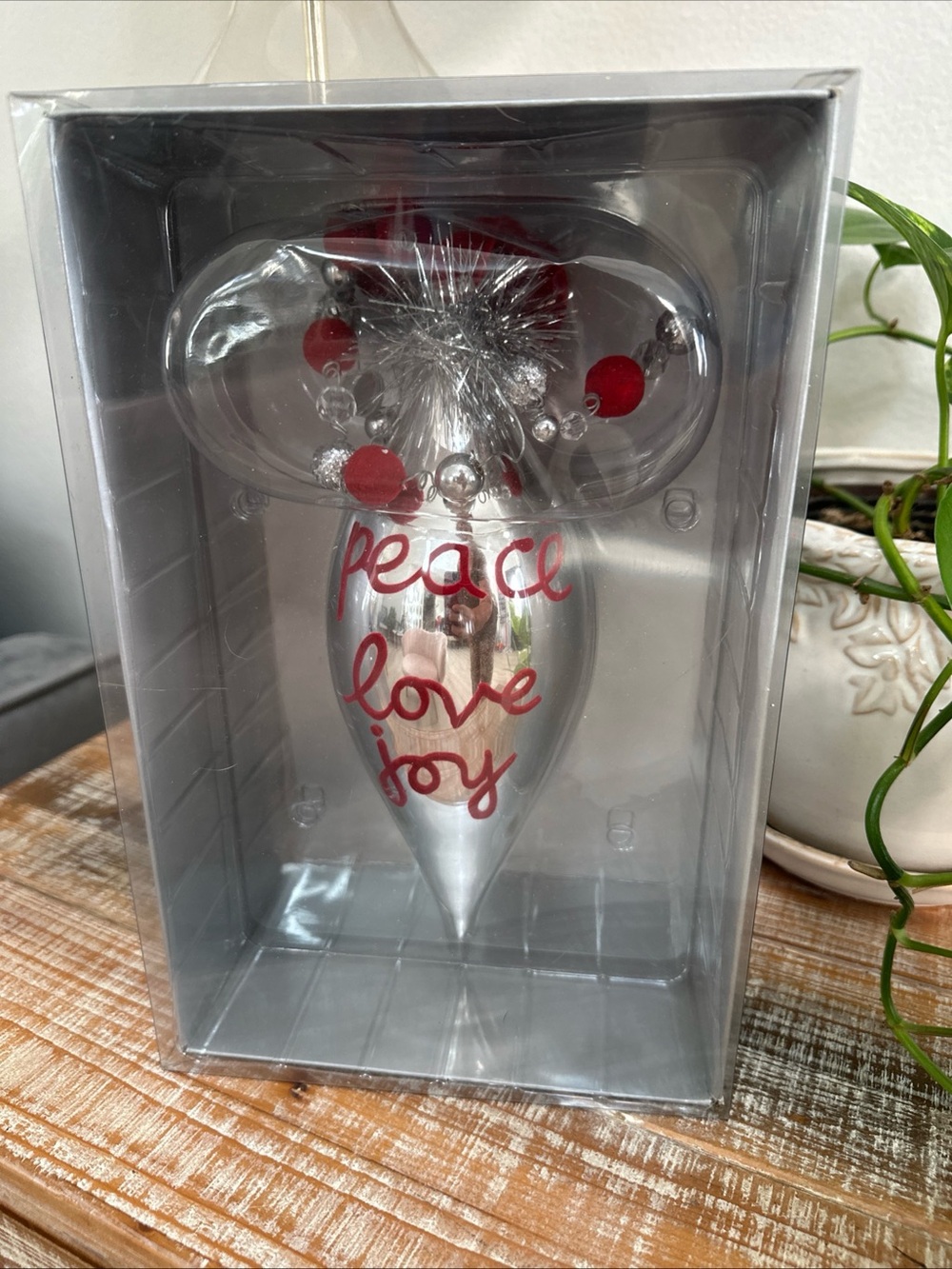 Department 56 Silver Ornament with Red Peace Love Joy Lettering